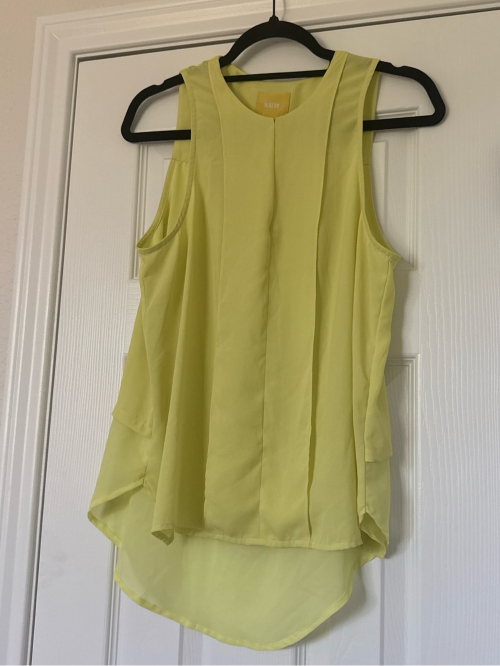 MAEVE Anthropologie Sleeveless Blouse 6 Neon Yellow Layered High Low Pleated Top